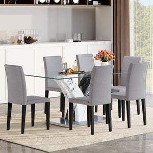 English Elm Table And Chair Set - Modern Glass Dining Table With 6 Light Gray Linen-Cotton Chairs For Comfort W1151S03807-GIGA