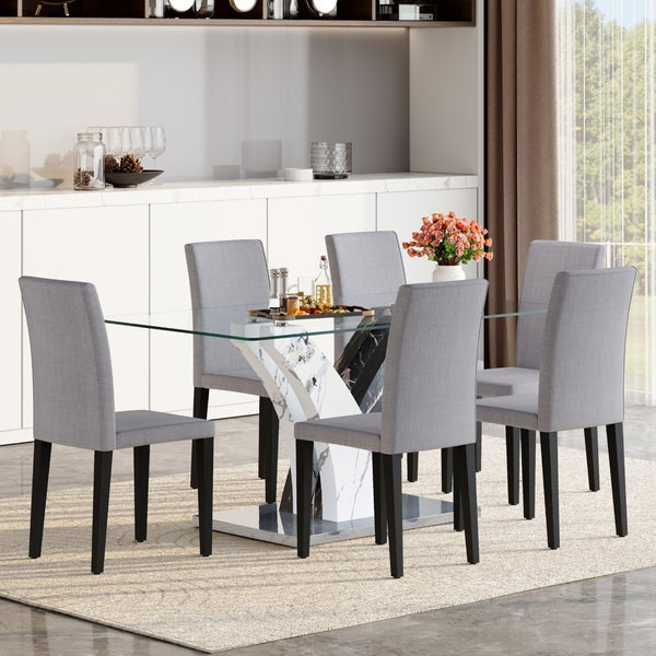 English Elm Table And Chair Set - Modern Glass Dining Table With 6 Light Gray Linen-Cotton Chairs For Comfort W1151S03807-GIGA