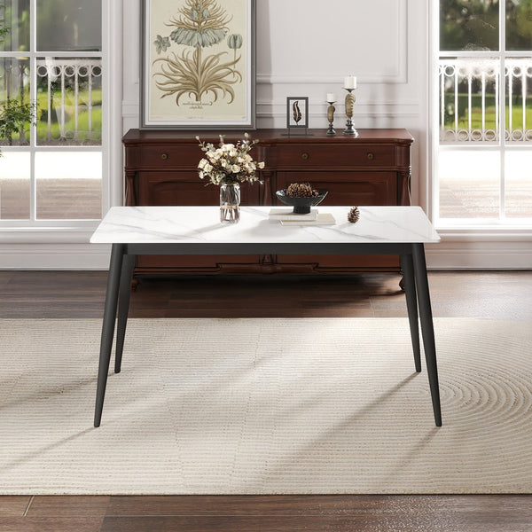 English Elm 55.12" Modern Rectangular Dining Table With White Artificial Stone Top & Black Metal Legs For 6 W1535S00491