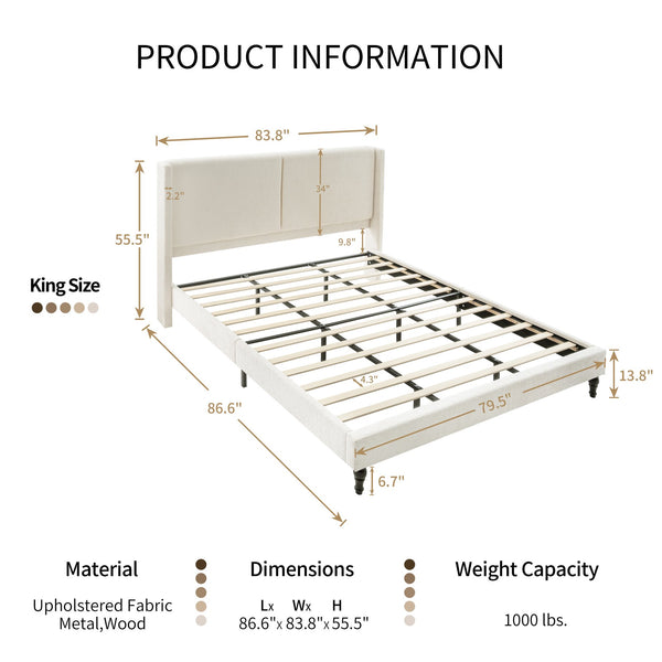 English Elm King Upholstered Bed Frame with Tall Bouclé Headboard, Solid Wood Feet, 12-Slat Support, 1000lb Capacity Beige 81.3 L x 31.5 W x 8.27 H W1716P335675