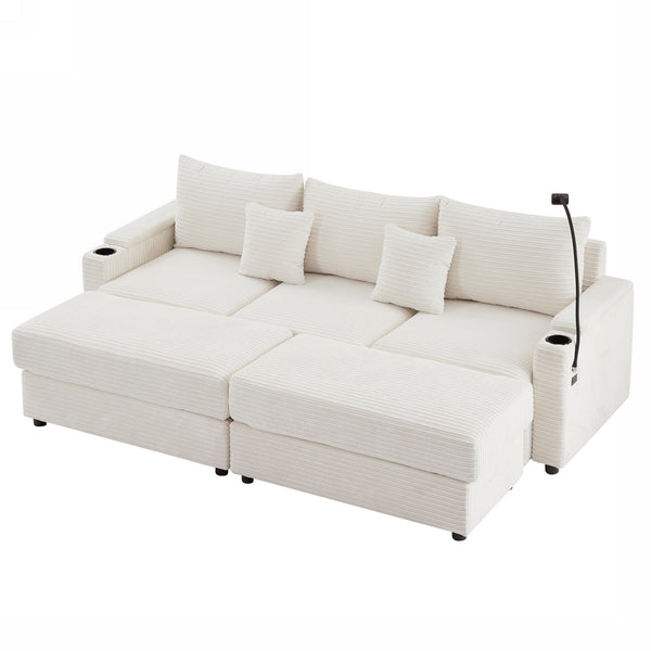 English Elm 95.3" Modern 3-Seater Sectional Sofa With Dual Ottomans, Usb Ports, Cup Holders & Hidden Storage N719S001613A