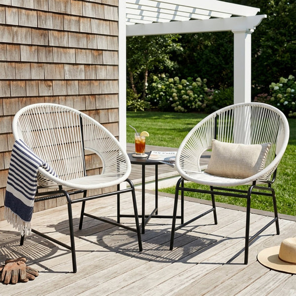 English Elm Nusa Outdoor Pe Rattan Patio Chairs with Iron Frame Airy Oval Weave Set of 2 White N775P422987W