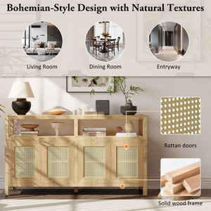English Elm TREXM Bohemian Rattan Buffet Sideboard with Solid Wood Frame, Adjustable Shelves & Cord Management Natural N715P290093N