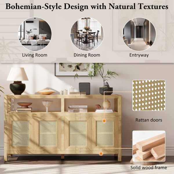 English Elm TREXM Bohemian Rattan Buffet Sideboard with Solid Wood Frame, Adjustable Shelves & Cord Management Natural N715P290093N