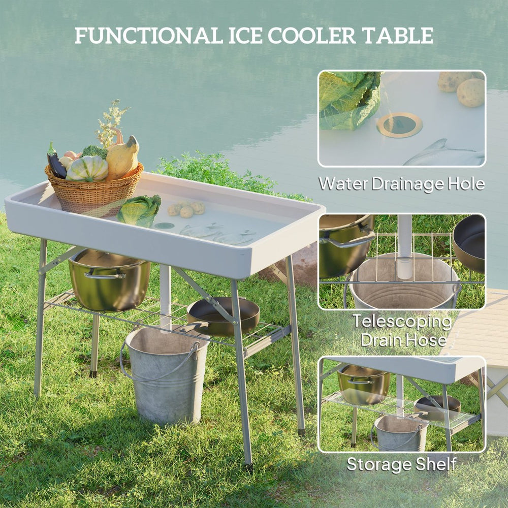 English Elm Outdoor Folding Drink Station Table with Built-in Ice Sink and Steel Frame White T3971P446146