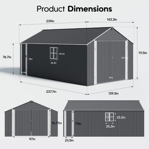 English Elm 12x20 Ft Steel Carport Shed with Double Doors Windows and All Weather Protection W419S00066