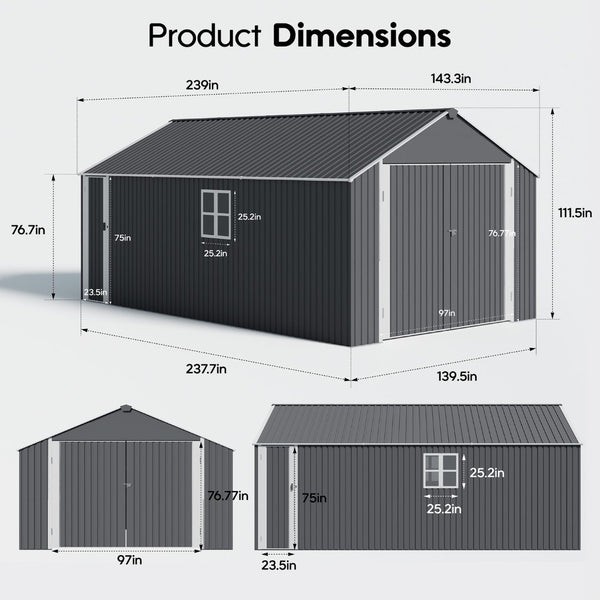 English Elm 12x20 Ft Steel Carport Shed with Double Doors Windows and All Weather Protection W419S00066