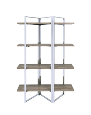 English Elm Libby Modern Chrome & Oak Etagere Bookshelf with 4 Open Wooden Shelves, Freestanding Storage Solution B2726P285841