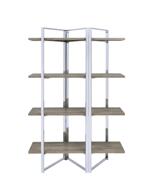English Elm Libby Modern Chrome & Oak Etagere Bookshelf with 4 Open Wooden Shelves, Freestanding Storage Solution B2726P285841