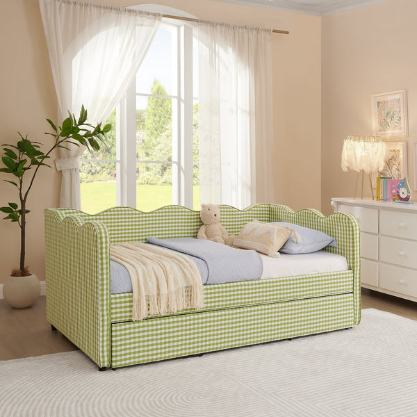 English Elm Cozy Twin Gingham Daybed with Trundle Sofa Bed, Linen Upholstery, USB Port, Wave Frame Design Green W1413S00100
