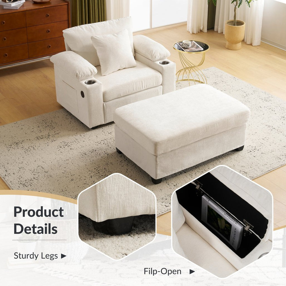 English Elm Ergonomic Oversized Chenille Chair with Ottoman, Firm Lumbar Support, Cup Holders, USB Charging, Convertible Sofa Bed for Back Pain Relief Beige W2606P288193