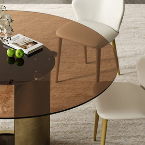 English Elm 59-Inch Round Dining Table - Elegant Dark Brown Glass Top With Antique Copper Steel Legs For 6-8 W509S00145