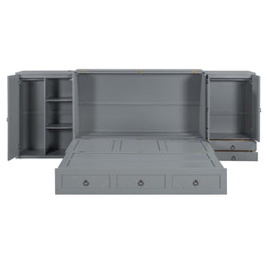 English Elm Queen Murphy Bed with Wardrobe Cabinets Built-in Usb Charging and Concealed Drawers Gray LP000590AAE