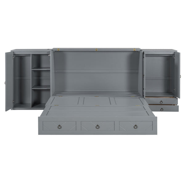 English Elm Queen Murphy Bed with Wardrobe Cabinets Built-in Usb Charging and Concealed Drawers Gray LP000590AAE
