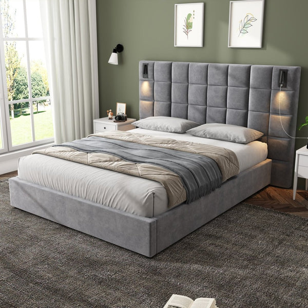 English Elm Queen Velvet Platform Bed Wide Headboard Built in Sconces Usb Ports Modern Bedroom N757Q200046G-1