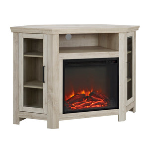 English Elm Walker Edison - Classic Glass-Door Fireplace TV Stand Corner Console with Electric Fireplace, Space-Saving MDF Design White Oak B185P169416