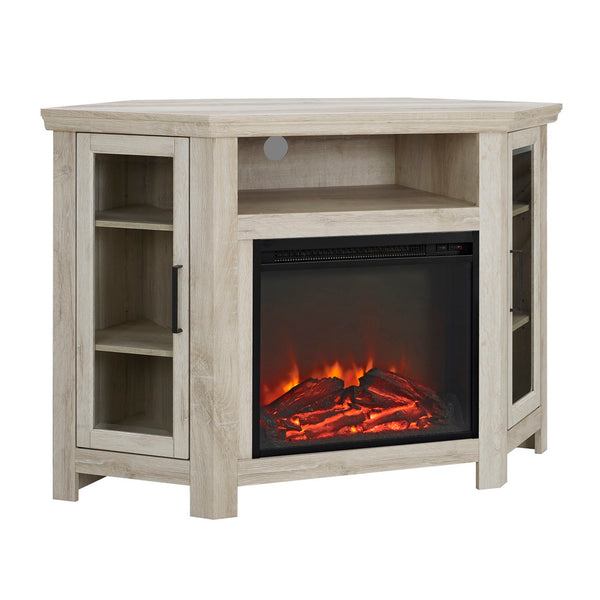 English Elm Walker Edison - Classic Glass-Door Fireplace TV Stand Corner Console with Electric Fireplace, Space-Saving MDF Design White Oak B185P169416