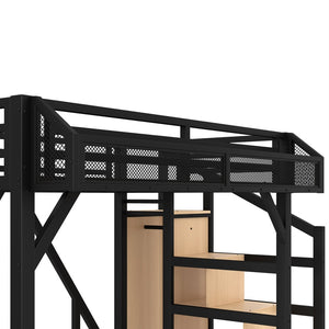 English Elm Twin Metal Loft Bed with Wardrobe Shelves Storage Stairs Led Lighting Usb Ports W1580S00404