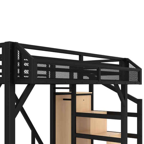 English Elm Twin Metal Loft Bed with Wardrobe Shelves Storage Stairs Led Lighting Usb Ports W1580S00404