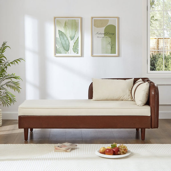 English Elm 65" Velvet Storage Chaise Lounge with Pu Leather Panels Eucalyptus Frame Accent Seat Brown+Beige W1097P434115