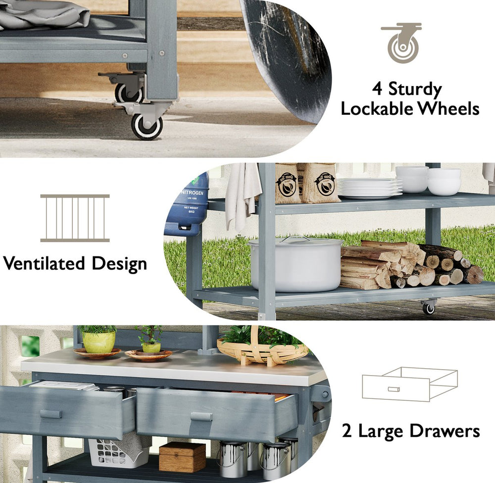 English Elm K&K 64.9" Outdoor Potting Bench with 1.2" Stainless Steel Top, Lockable Wheels, Hutch & Drawers Grey+Blue N707P228274G