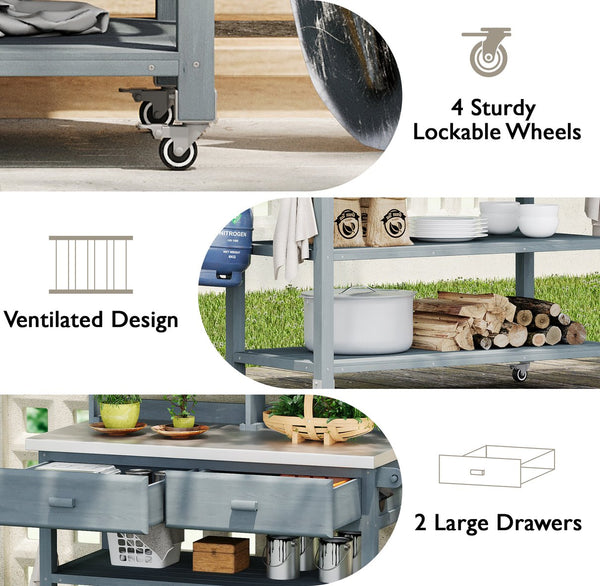 English Elm K&K 64.9" Outdoor Potting Bench with 1.2" Stainless Steel Top, Lockable Wheels, Hutch & Drawers Grey+Blue N707P228274G