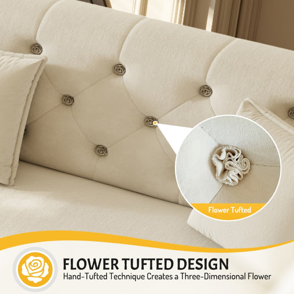 English Elm 100" Oversized Velvet Sleeper Sofa with Floral Tufted Cushions for Living Room Beige+White W1885S00301