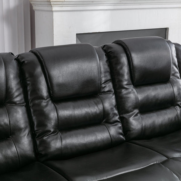 English Elm 3 Seater Home Theater Recliner with Dual Cup Holders PU Leather Comfort, Manual Infinite Recline, 350lb Capacity Black WF323620AAB