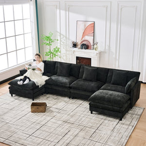 English Elm 140.9-inch U-shaped Modular Sectional Sofa with Ottomans Chenille Cloud Cushions Black W288S00030