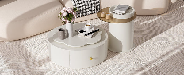 English Elm U-Can Cream Floral Round Coffee Table Set of 2 with Tempered Glass Tops, 2 Drawers & Rotating Design SJ000137AAK