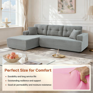 English Elm Right-Facing Chaise modular sectional sofa with plush corduroy, boneless design, converts to bed Light Gray W3565S00005