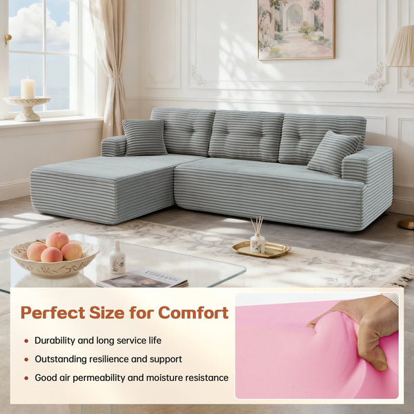 English Elm Right-Facing Chaise modular sectional sofa with plush corduroy, boneless design, converts to bed Light Gray W3565S00005