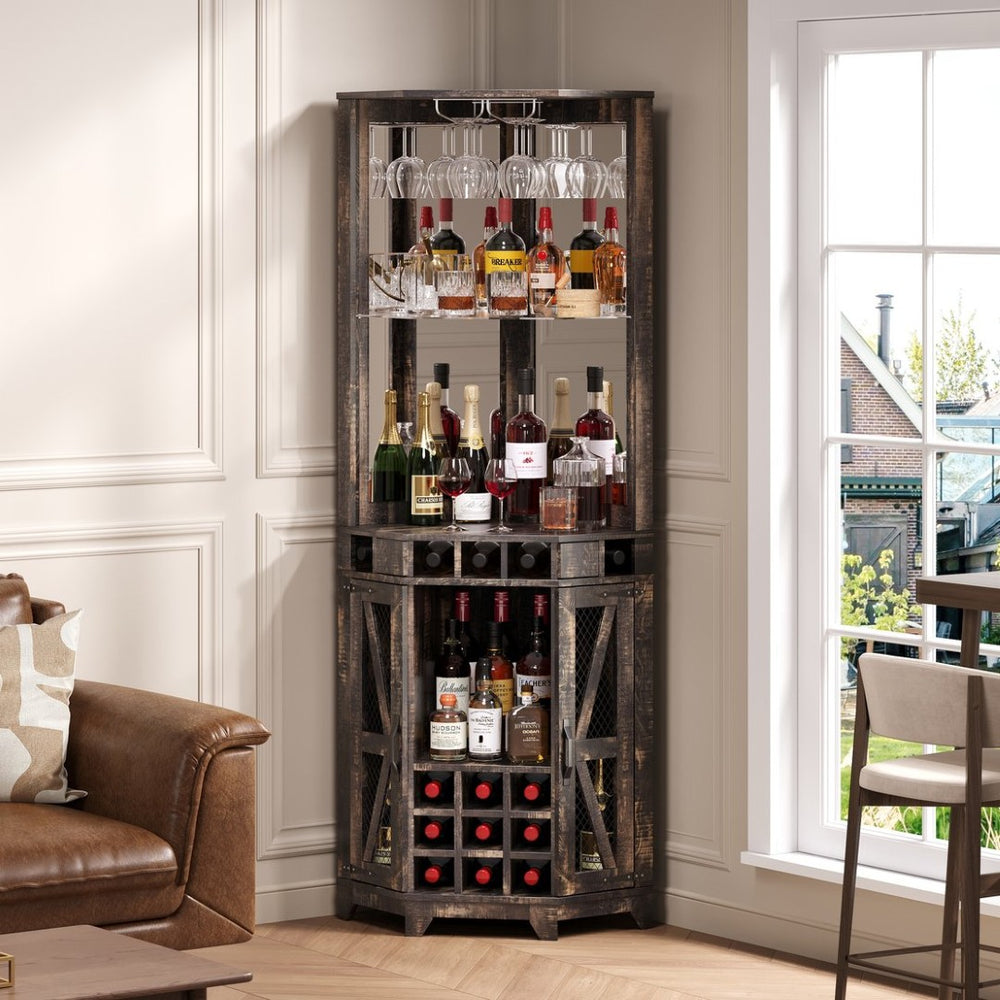 English Elm 67.3" Farmhouse Corner Bar Cabinet Led Lit Wine Storage with Built-in Power Outlets N735P361429D