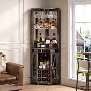 English Elm 67.3" Farmhouse Corner Bar Cabinet Led Lit Wine Storage with Built-in Power Outlets N735P361429D