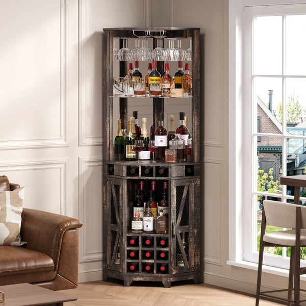 English Elm 67.3" Farmhouse Corner Bar Cabinet Led Lit Wine Storage with Built-in Power Outlets N735P361429D
