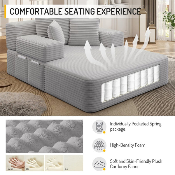 English Elm Luxurious Corduroy Convertible Chaise Lounge Sofa Bed with Foam Support for Apartments Light Grey W3219P449013