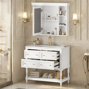 English Elm 36'' Modern Bathroom Vanity with Ceramic Sink and Medicine Cabinet, Solid Wood Frame, 4 Drawers, Waterproof Finish White SW000138AAK-1