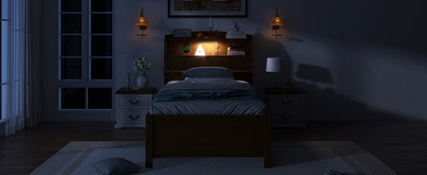 English Elm Twin LED Platform Bed with Trundle and Under-Storage Drawers, Flip-Up Headboard, USB Ports Espresso N820S10008D