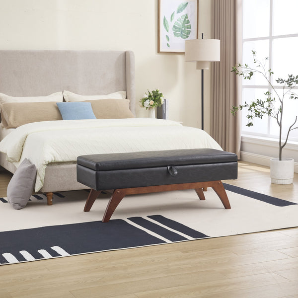 English Elm COOLMORE Teddy fabric storage bench with solid wood feet, hidden compartment for tidy bedroom organization Black PU W1539P242727