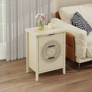 English Elm Hollow-Carved 3 Drawer Cabinet Dresser Storage Chest with Black Metal Handles, Anti-Tip Safety & Elegant Pattern (36.23x18.51x7.88) W688P223042