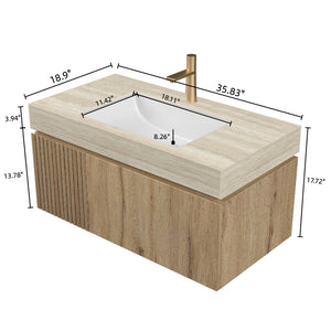 English Elm MURI Modern Wall-Mounted Vanity with Sintered Stone Top and Ceramic Basin, Plywood Cabinet, 39" Beige,White Oak W2615S00336
