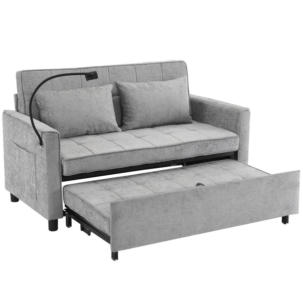 English Elm 56.9" Loveseat Sofa Bed with Chenille Upholstery, USB Ports, Phone Holder, Side Pockets, Reclining Backrest Grey N719P208853E
