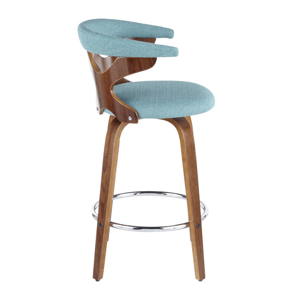 English Elm Gardenia Mid-Century Counter Stool with Walnut Lattice Back, Upholstered Swivel Seat, Set of 2 Teal B202S00289