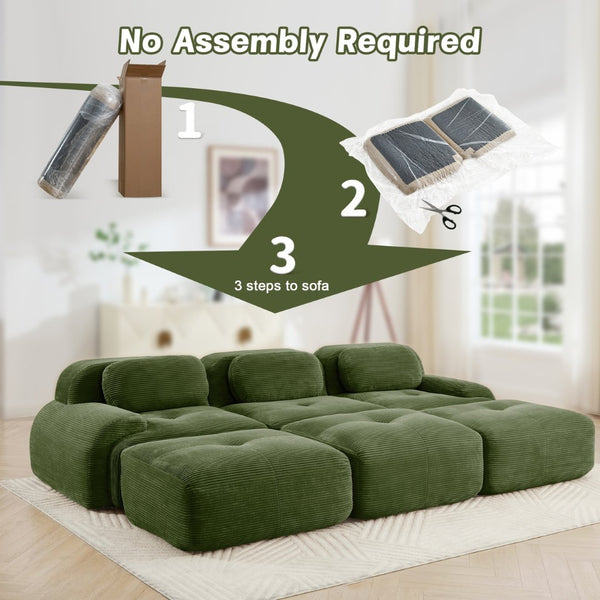 English Elm Three-seat Modular Corduroy Sectional Sofa with Ottomans for Living and Media Rooms Olive Green W714S01260