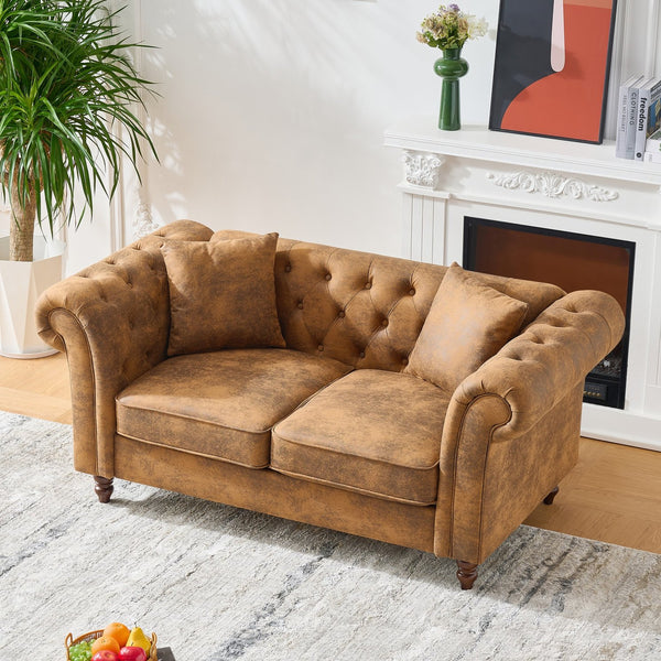 English Elm 66"Chesterfield Tech Fabric Sofa with Roll Armrests, 2-Seater Mid-Century Upholstered Comfort Brown W3373S00004