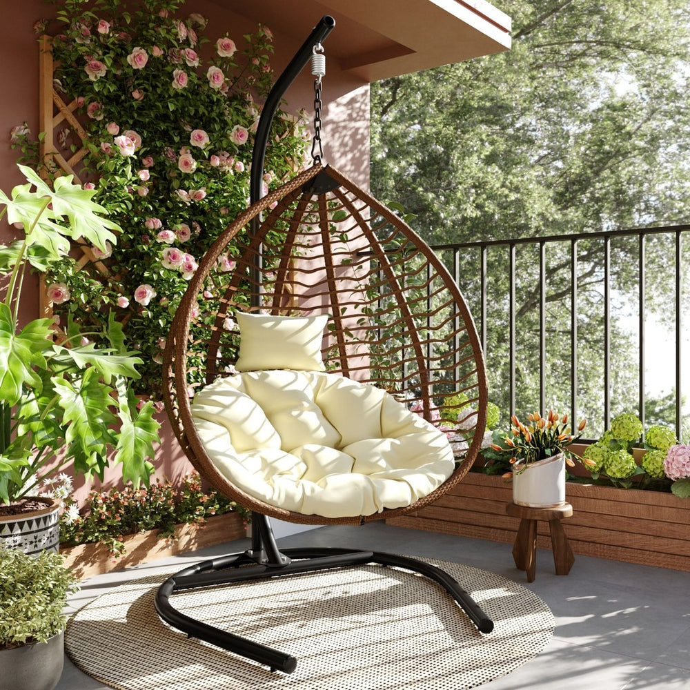 English Elm U_style Wicker Hanging Egg Chair with Stand Foldable Indoor Outdoor Swing Seat Brown+Beige N711P389502K