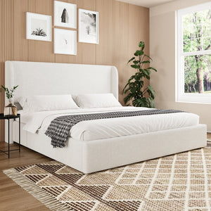 English Elm Queen Boucle Upholstered Wingback Bed Solid Wood Slats Cozy Bedroom Anchor W1670S00028