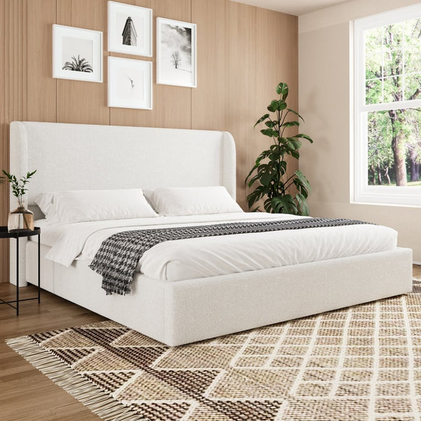 English Elm Queen Boucle Upholstered Wingback Bed Solid Wood Slats Cozy Bedroom Anchor W1670S00028