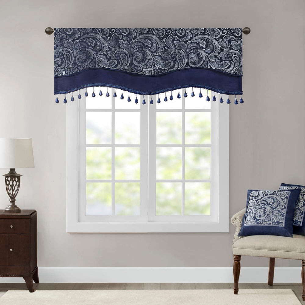 JLA Home Madison Park - Jacquard Paisley Valance with Gold Beads and Scalloped Edge — Faux Silk Piping, OEKO-TEX Certified Elegance MP41-7425