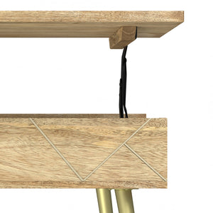 English Elm Jager Mango Wood Lift-Top Coffee Table with Hidden Storage, Gold Brass Inlays & Angled Iron Legs B136P203435